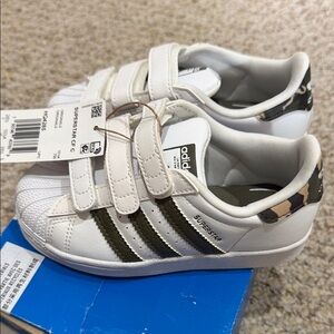 Adidas Kids Superstar White and Olive Sneakers